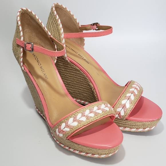 ANTONIO MELANI Shoes - Pink & White Woven Espadrille Wedge Sandal